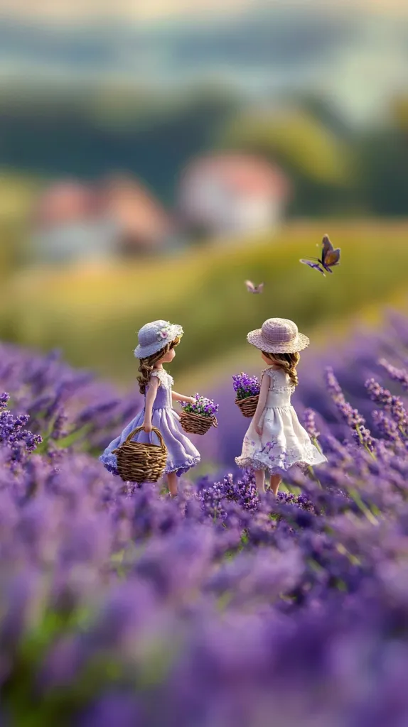 Two miniature dolls, dressed in lavender-colored dresses and straw hats, stand in a field of vibrant purple lavender.  They each carry a small wicker basket filled with lavender blossoms.  A butterfly flutters nearby, adding to the idyllic and whimsical scene. The background is softly blurred, focusing attention on the charming figures in the lavender field.