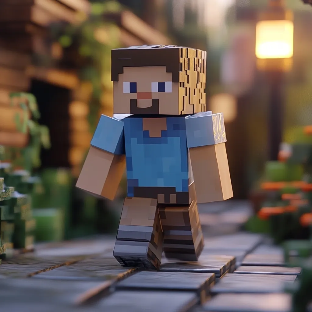 A meticulously crafted Minecraft Steve figurine strolls along a pixelated cobblestone path.  He's dressed in his iconic blue shirt and brown pants, his blocky features and characteristically simple design vividly rendered in a 3D style.  The background suggests a peaceful Minecraft village, bathed in the warm glow of the setting sun.  The scene is charming and evokes the game's familiar atmosphere.