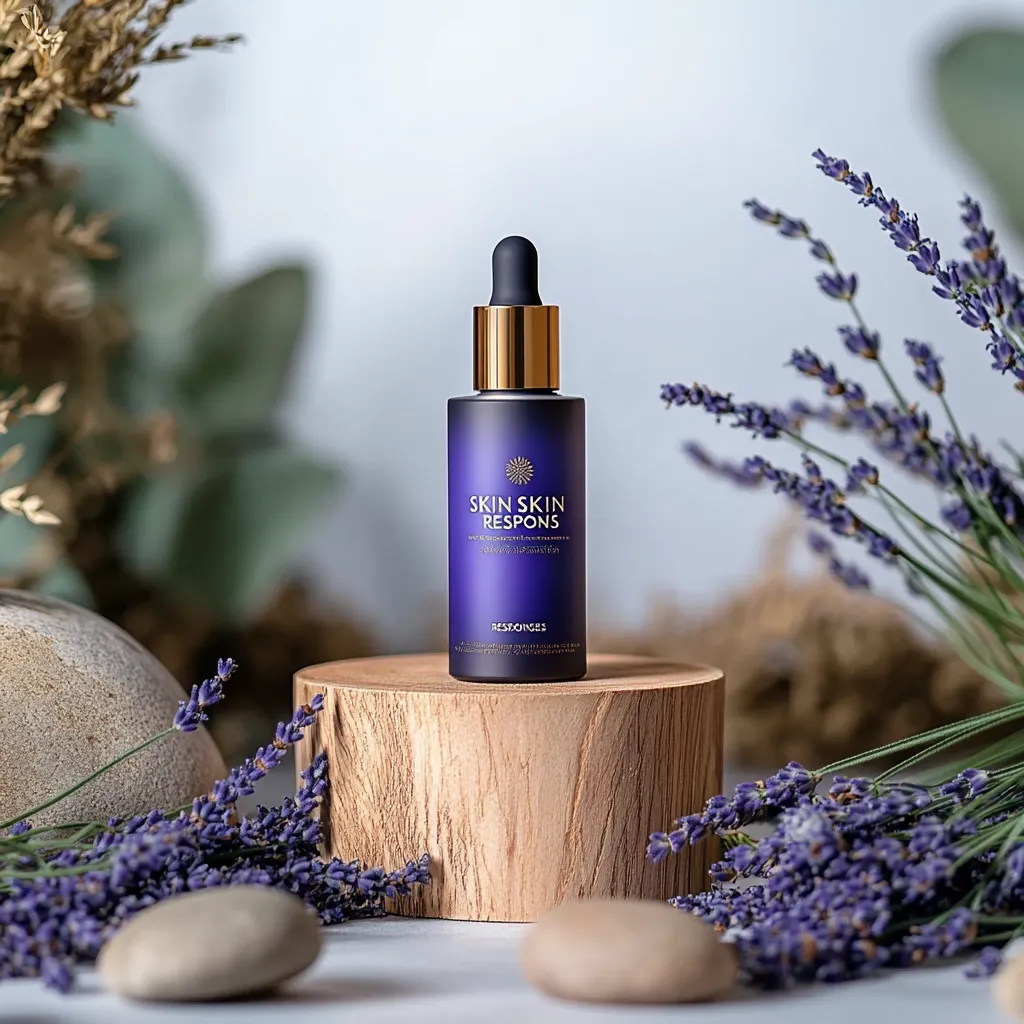 A dark purple glass bottle of Skin Skin Respons serum sits on a small wooden pedestal.  Surrounding the bottle are sprigs of lavender and smooth grey stones, creating a spa-like, calming atmosphere. The bottle features gold accents and the brand name is clearly visible.  The overall image promotes a sense of natural beauty and skincare.