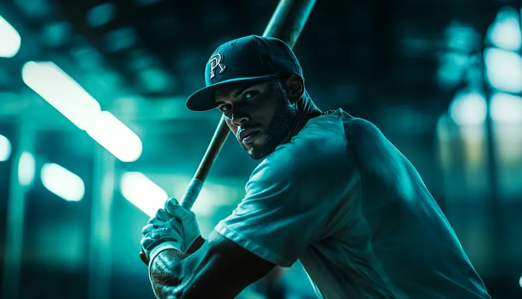 A baseball player, wearing a dark blue cap with a 'R' logo and a light blue jersey, grips his bat.  His intense gaze meets the camera, his expression serious and focused. The background is a blurred teal, suggesting an indoor practice facility.  The image is sharply focused on the player, creating a dramatic and dynamic effect.