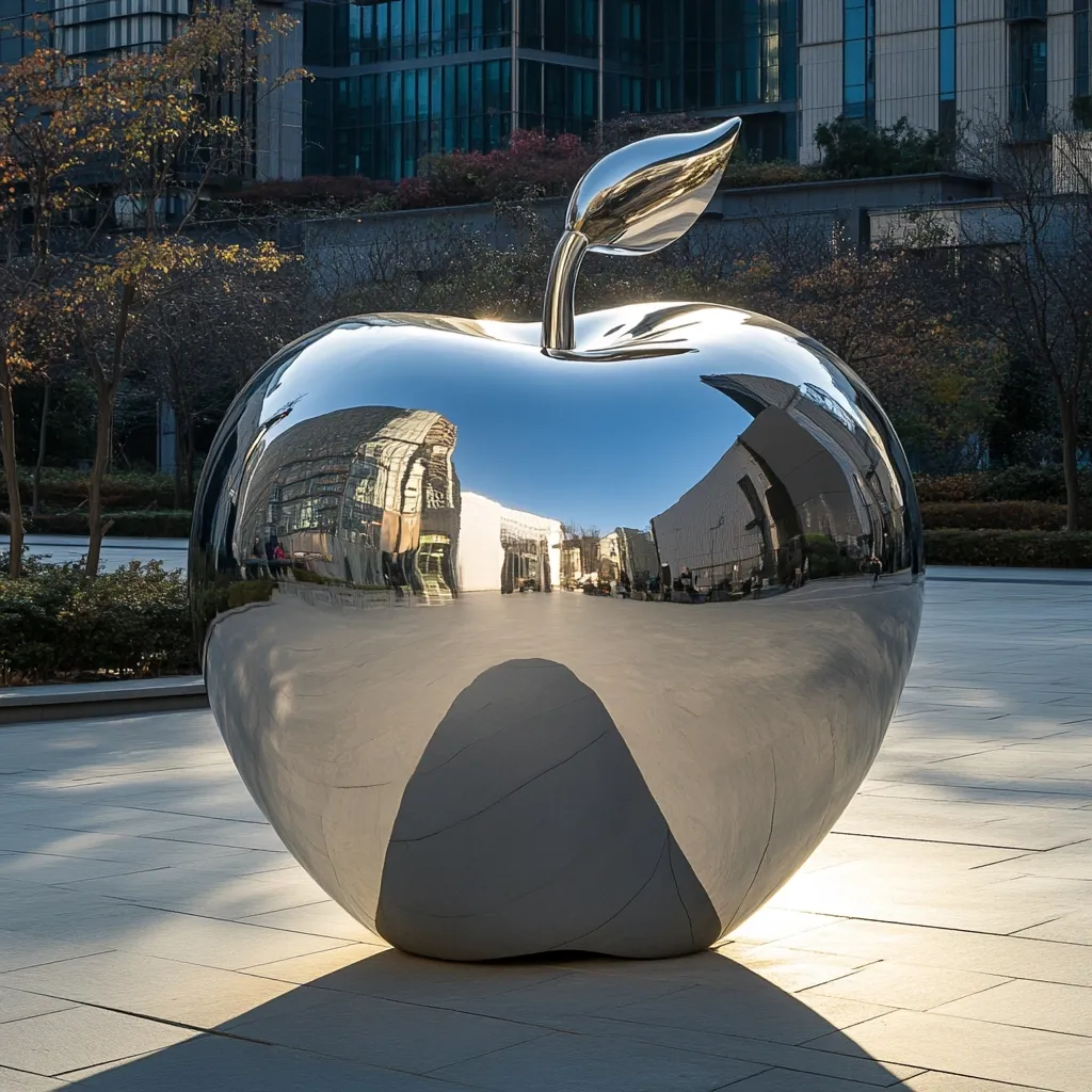 A large, polished stainless steel apple sculpture stands in a plaza, reflecting the modern buildings surrounding it.  The apple's highly reflective surface mirrors the architecture and sky, creating a striking juxtaposition between natural and man-made forms.  The sculpture's smooth curves contrast sharply with the angular lines of the buildings. Sunlight highlights the sculpture's metallic sheen.
