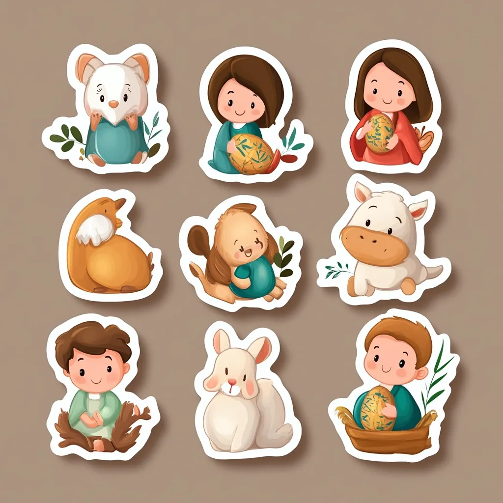 Nine adorable cartoon stickers feature children and animals.  Girls hold decorated eggs, while a boy sits in a nest.  Animals include a mouse, chick, puppy, lamb, and rabbit, all with cheerful expressions.  The stickers are outlined in white against a brown background, creating a charming, whimsical set.  The style is cute and friendly, perfect for children's crafts or decorations.