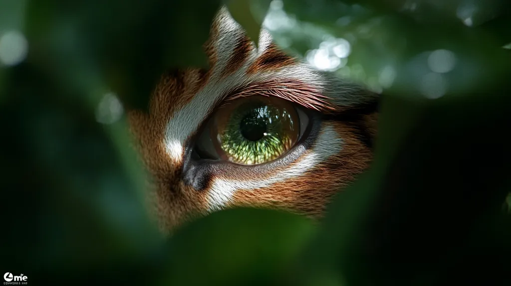A close-up reveals a tiger's striking green eye, partially concealed by lush green foliage.  The tiger's orange and white fur is visible around the eye, creating a dramatic contrast against the dark green background.  The image focuses on the intense detail of the eye and fur, suggesting a sense of mystery and wild beauty.  The lighting accentuates the texture and color, creating a captivating visual.