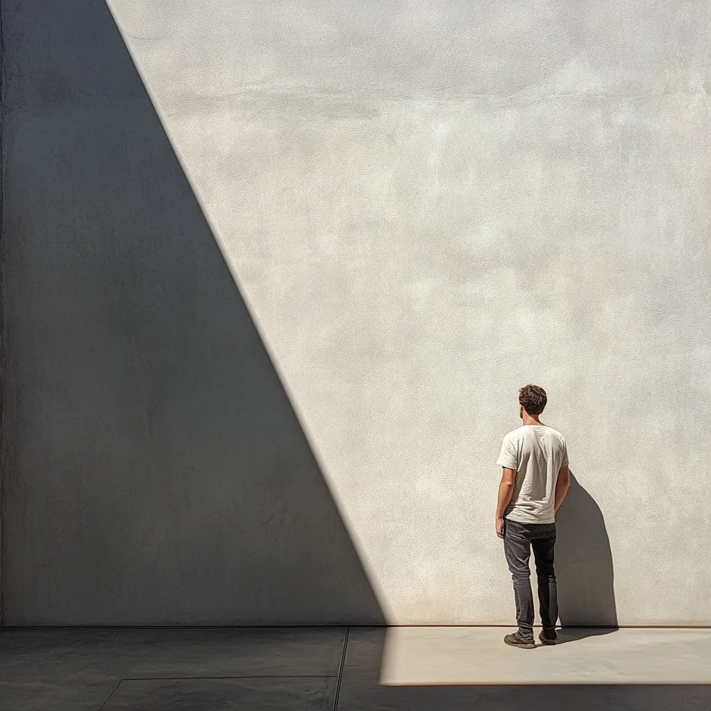 A man stands with his back to the viewer, facing a large, light-grey wall. A sharp shadow, cast by an unseen light source, divides the wall diagonally, creating a stark contrast between light and dark. The man is casually dressed in a light-colored t-shirt and dark trousers, his posture suggesting contemplation or observation. The minimalist setting emphasizes the interplay of light, shadow, and human presence.