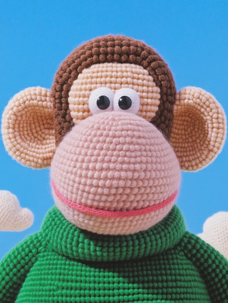 A close-up shot of a crocheted monkey wearing a green sweater.  The monkey has large, expressive eyes and is depicted against a bright blue sky with small, fluffy white clouds in the background. The detailed crocheting is clearly visible, showcasing the texture and craftsmanship. The monkey's expression is friendly and endearing.