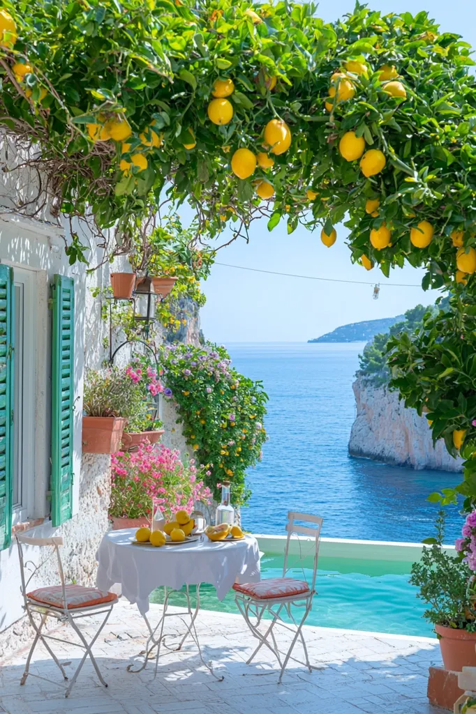 A picturesque Mediterranean patio scene.  A lemon tree laden with fruit forms a natural archway, overlooking a sparkling blue sea and a small infinity pool.  A white metal table and chairs are set for a refreshing drink, lemons and other fruit on the table.  Vibrant flowers and greenery adorn the whitewashed building, creating a tranquil and idyllic setting.