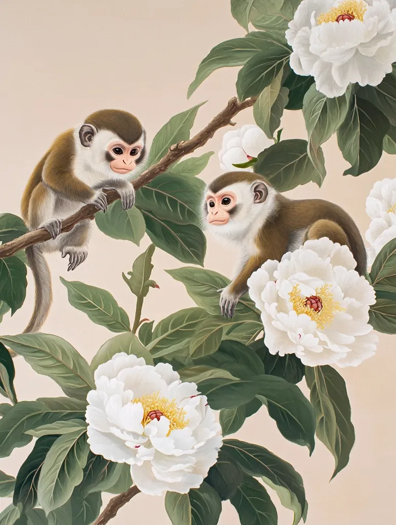 Two marmoset monkeys are perched on a lush branch adorned with large, white peonies.  The monkeys, with their soft brown and white fur, cling to the branches, their expressions gentle and curious. The peonies are in full bloom, their delicate petals contrasting beautifully with the monkeys' fur. The overall style is reminiscent of classical botanical illustration with a serene and harmonious atmosphere.