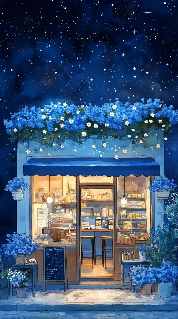 A charming watercolor painting depicts a quaint cafe at night under a starlit sky.  The building is adorned with vibrant blue flowers, cascading from above the blue awning and lining the storefront.  The warm interior light spills out, invitingly illuminating the cafe's shelves and a coffee machine.  The overall scene is peaceful and serene, evoking a sense of cozy tranquility.