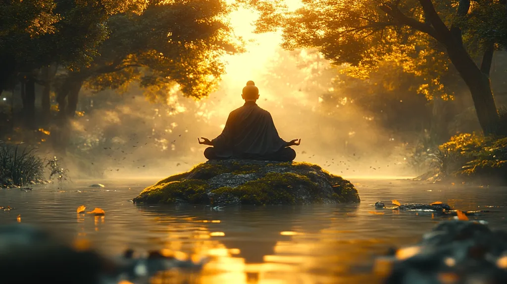 A serene image depicts a figure in a meditative pose atop a moss-covered rock in a calm river.  Golden sunlight filters through trees lining the tranquil water, creating a peaceful atmosphere.  Leaves float gently on the water's surface, enhancing the sense of stillness and serenity. The scene evokes a feeling of spiritual tranquility and connection with nature.