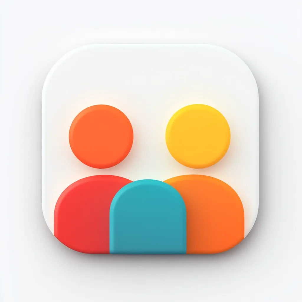 A rounded square app icon features three stylized figures.  Two outer figures are represented by orange and yellow circles atop red and orange semi-circles. A central, teal semi-circle sits between them, suggesting a group or team.  The simple, colorful design is clean and modern.