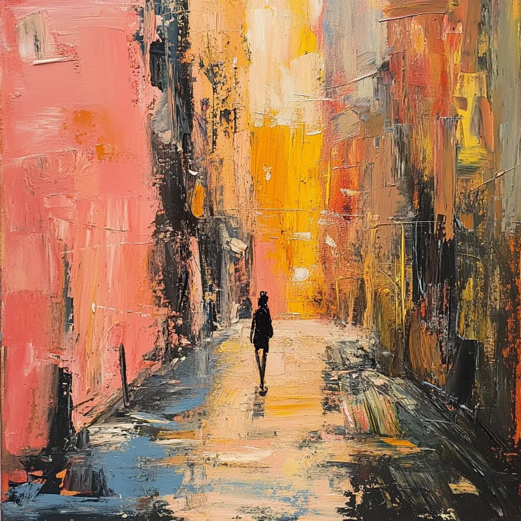 An impasto oil painting depicts a solitary figure walking down a narrow, brightly lit city street.  The buildings on either side are rendered in vibrant strokes of pink, orange, and grey, creating a sense of warmth and movement.  The figure is silhouetted, a small, dark shape against the bright background, emphasizing their isolation within the bustling cityscape.  The overall style is expressive and abstract, focusing on texture and color rather than precise detail.
