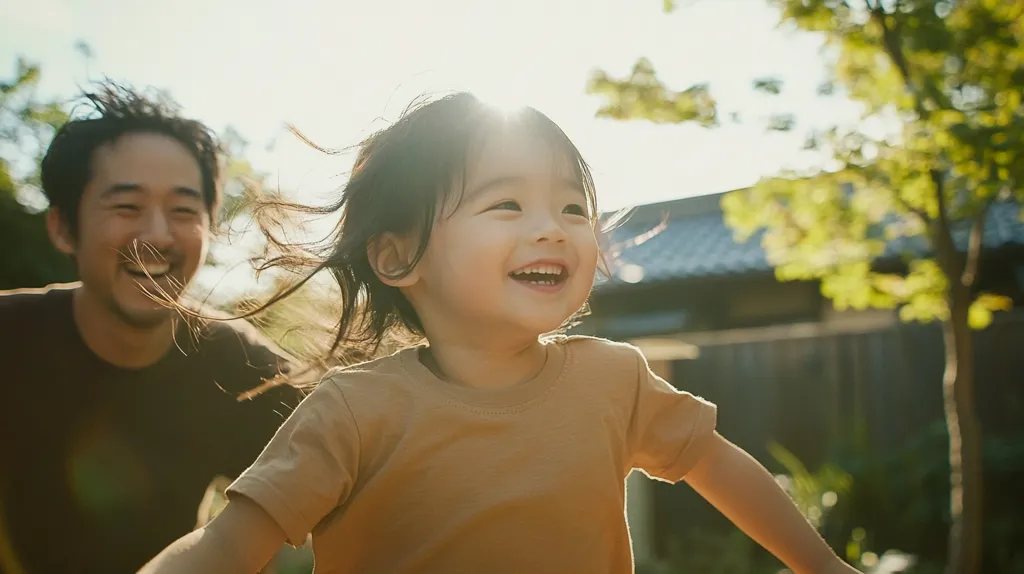 A joyful young girl with windblown hair laughs radiantly as she runs towards her smiling father in a sun-drenched garden.  The father, equally happy, is slightly out of focus, emphasizing the girl's exuberant joy. The warm sunlight and lush greenery create a feeling of carefree happiness and familial love.