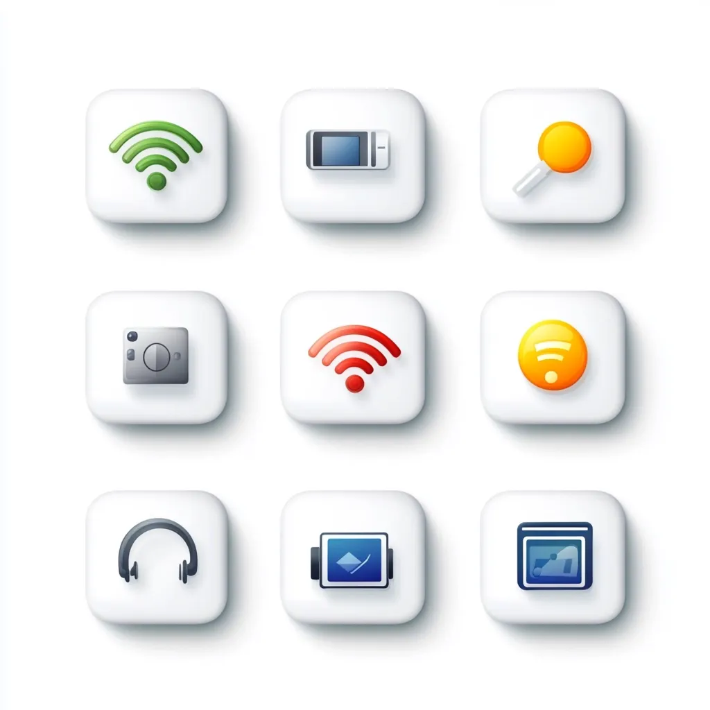 Nine square icons depict various technological devices and functions.  These include Wi-Fi signals (green and red), a cell phone, a magnifying glass, a safe, a smart home device, headphones, a smart watch, and a display showing a graph.  The icons are presented on a white background with a subtle shadow effect, suggesting a digital interface or app design.