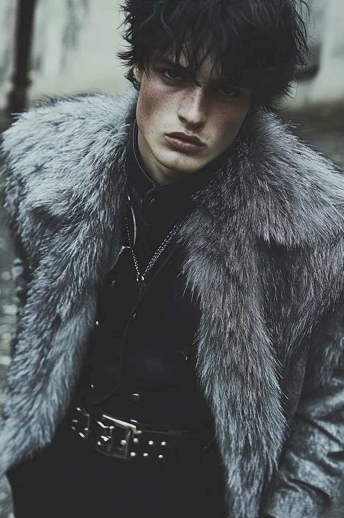 A young man with dark, shaggy hair gazes intensely at the camera. He is dressed in a dark, tailored coat with a dramatic, thick gray fur collar. A silver chain necklace is visible beneath the collar, adding to the moody aesthetic. The overall style is dark, edgy, and sophisticated, evoking a sense of mystery and brooding intensity.  His expression is serious and somewhat intense.