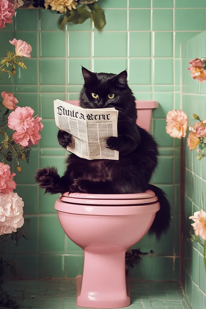 A black cat sits perched on a pink toilet in a mint green tiled bathroom, engrossed in reading a newspaper.  Pink flowers flank the scene, adding a touch of whimsy to the unusual image.  The cat appears relaxed and content, its paws neatly placed on the newspaper. The overall aesthetic is retro and charming.