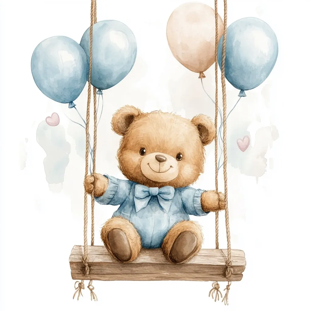 A watercolor illustration depicts an adorable teddy bear on a swing adorned with pastel-colored balloons.  The bear, wearing a light blue sweater and bow tie, sits contentedly on a rustic wooden swing seat.  Delicate watercolor washes create a soft, dreamy background with hints of pink hearts, enhancing the charming, whimsical nature of the artwork.  The overall style is gentle and perfect for a baby's room or card.