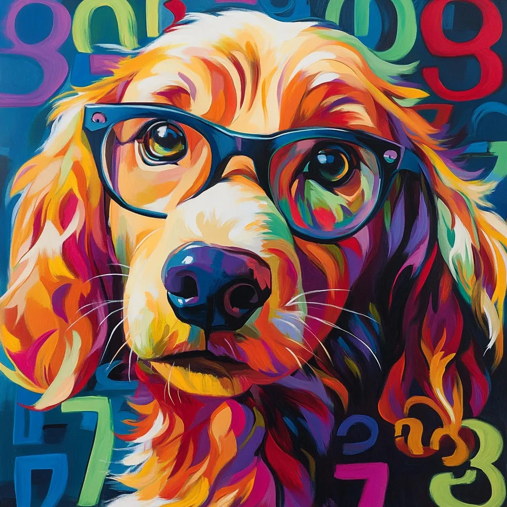 A vibrant, colorful painting of a Cocker Spaniel wearing glasses.  The dog's fur is rendered in bright oranges, reds, purples, and yellows, creating a dynamic and almost abstract effect.  The background features large, colorful numbers, adding to the artwork's playful and energetic mood.  The dog's expression is calm and slightly curious.