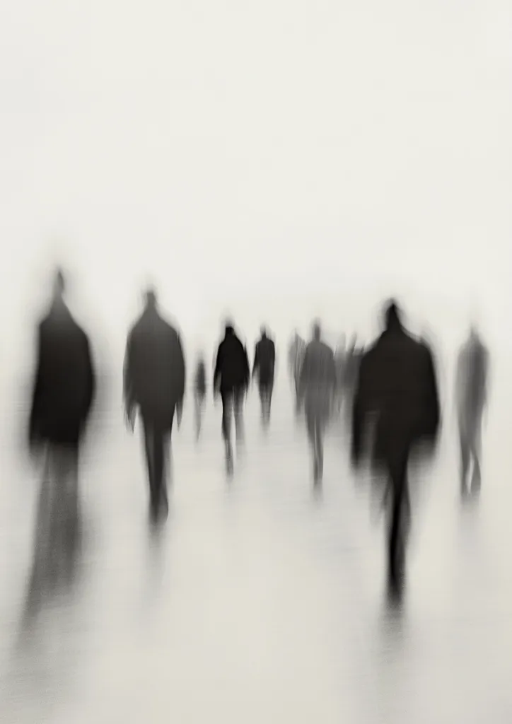 A monochromatic photograph depicts a blurred crowd of people walking in the same direction.  The figures are indistinct, their forms softened by motion blur, creating an ethereal, almost ghostly effect against a bright, featureless background. The overall impression is one of anonymity and movement, the individuals lost within the mass.