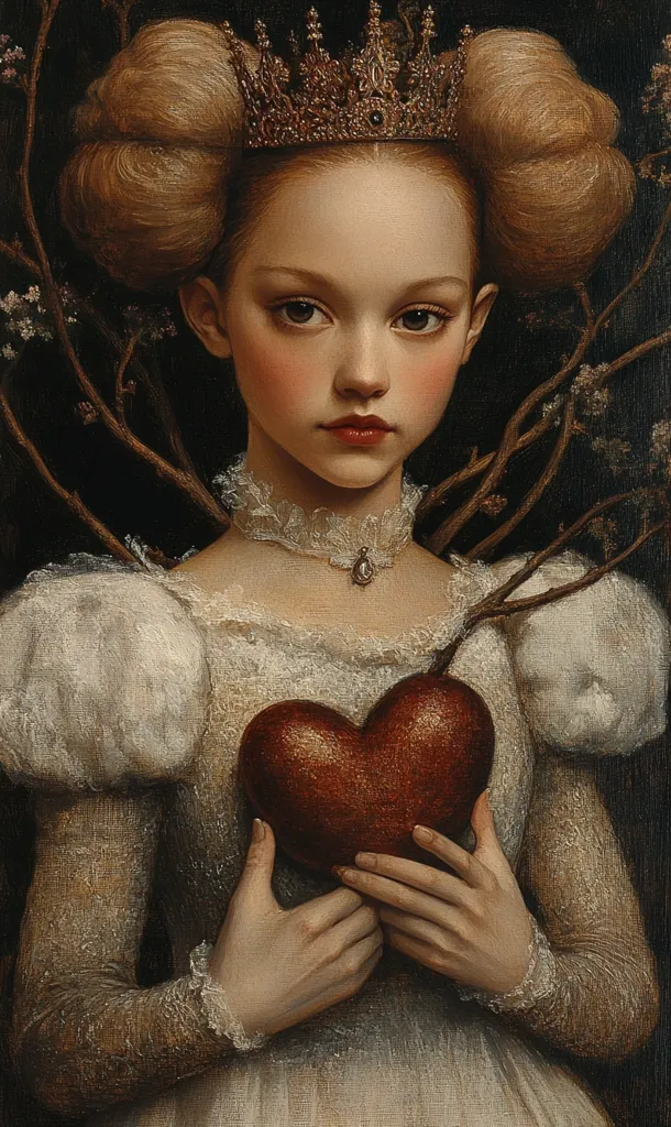 A young princess, adorned in a golden crown and delicate white dress, holds a large, dark red heart to her chest.  Her hair is styled in high buns, framing her serious expression.  Bare branches with small blossoms intertwine behind her, adding a touch of melancholy to the scene.  The painting's style is realistic with a focus on texture and detail, creating a dreamy, almost ethereal mood.