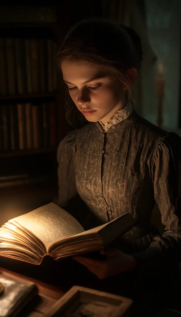 A young woman, dressed in a vintage-style dark brown dress, sits in a dimly lit room.  She is engrossed in reading a large, open book illuminated by a soft light source. The room's background features a bookshelf filled with numerous books, suggesting a studious or scholarly setting. The overall atmosphere is one of quiet contemplation and intellectual pursuit.