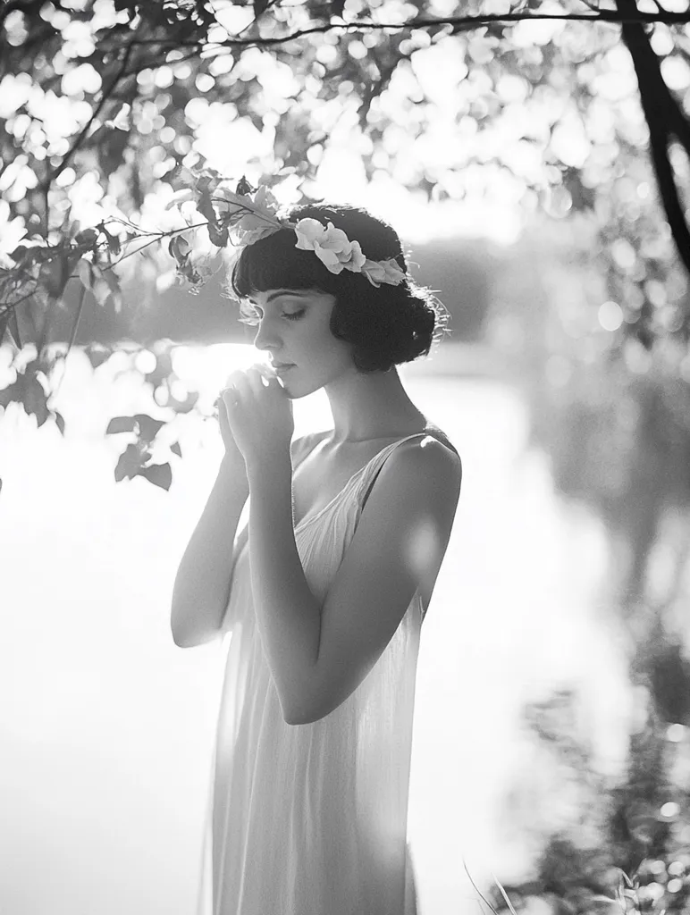 A black and white portrait of a young woman in a flowing white dress. She wears a floral crown and her hands are clasped in front of her.  The serene image is softly lit, with blurred background foliage suggesting a tranquil outdoor setting by a body of water. The overall mood is peaceful and ethereal.