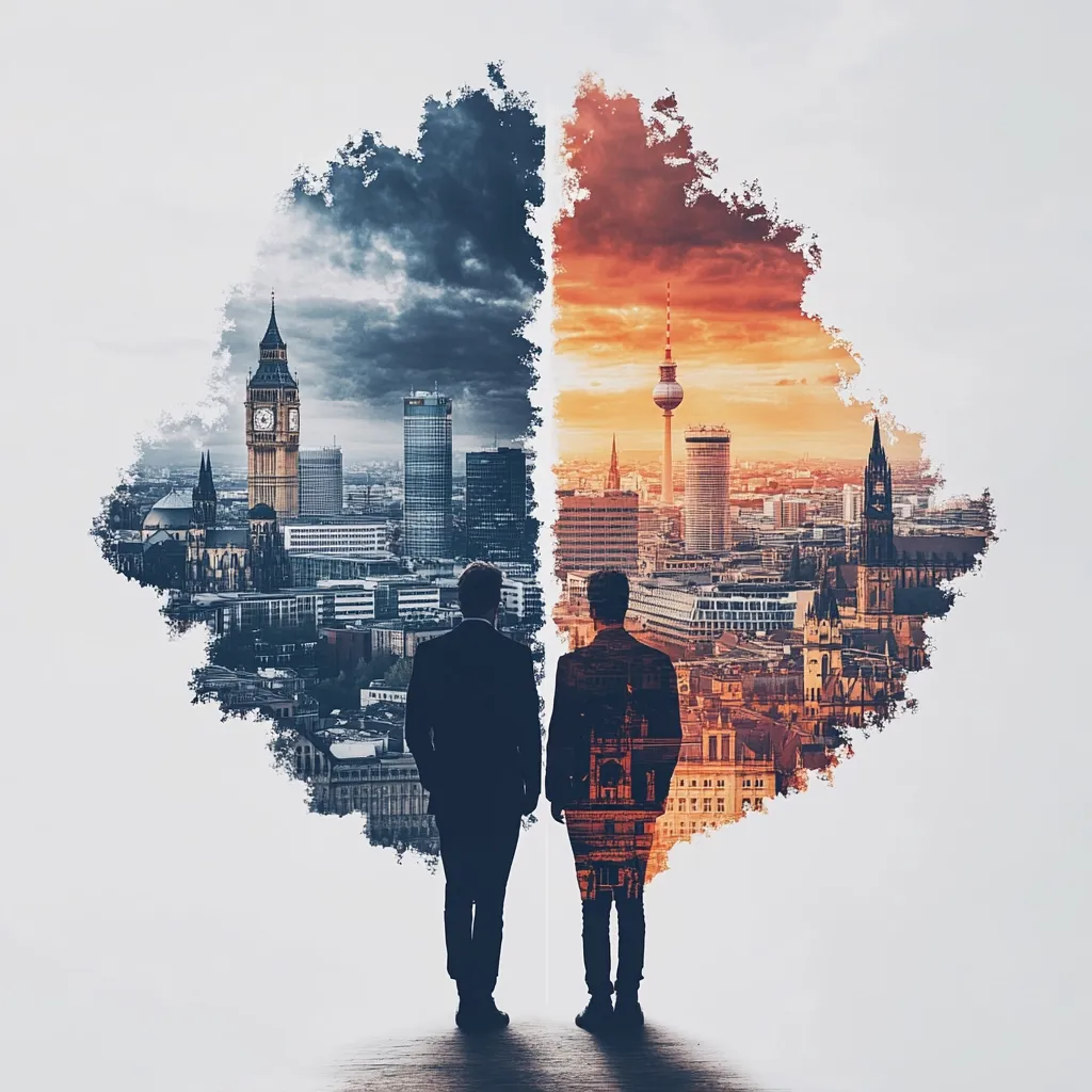 Two businessmen stand back-to-back, silhouetted against a cityscape split into two halves.  One side depicts London, featuring Big Ben and the Houses of Parliament under a dark, moody sky.  The other showcases Berlin, with the TV Tower and Brandenburg Gate bathed in the warm glow of a setting sun. The image suggests a contrast, perhaps representing international business or differing perspectives.