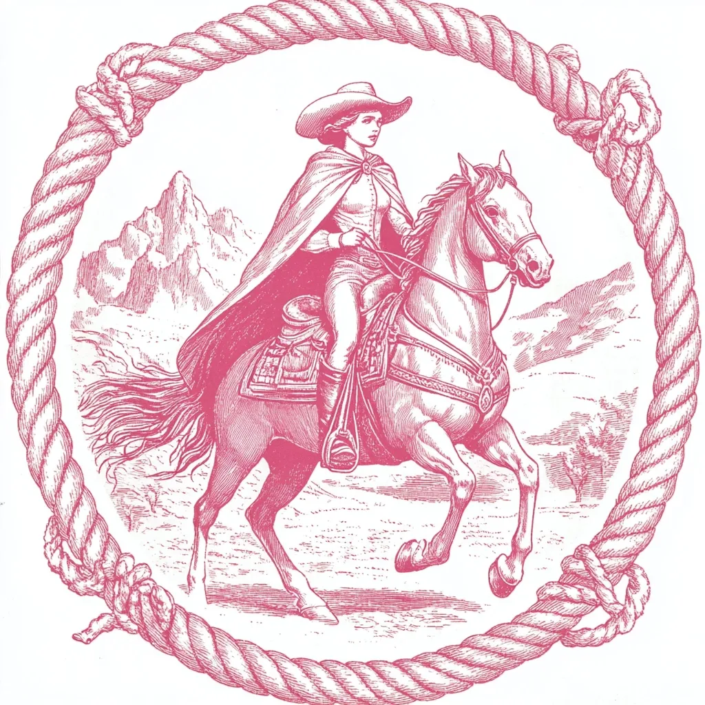 A pink line drawing depicts a cowgirl riding a horse across a western landscape.  She wears a long cape and a wide-brimmed hat. The horse is depicted mid-gallop. The scene is framed by a lasso-style rope circle. Mountains and sparse desert vegetation form the background. The overall style is reminiscent of vintage western illustrations.