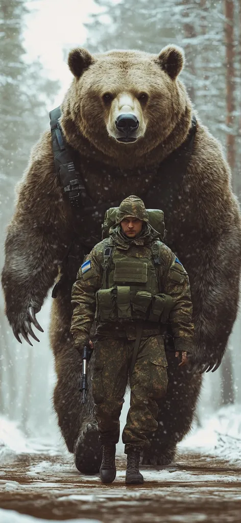A soldier in camouflage fatigues walks alongside an enormous brown bear in a snowy forest.  The bear appears unusually large and docile, almost as if it's acting as a companion or protector.  The soldier carries a rifle, and both figures are equipped with backpacks. The scene is dramatic and evokes a sense of both danger and unusual camaraderie.