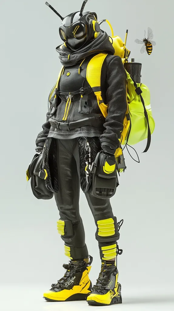 A futuristic bee-themed character stands against a light gray background.  The character wears a black and yellow suit with a bee-like helmet,  protective leg guards, and bulky yellow boots.  A large yellow backpack and various pouches adorn the figure. A small bee is perched on the backpack. The overall aesthetic blends technological elements with insect-inspired design.