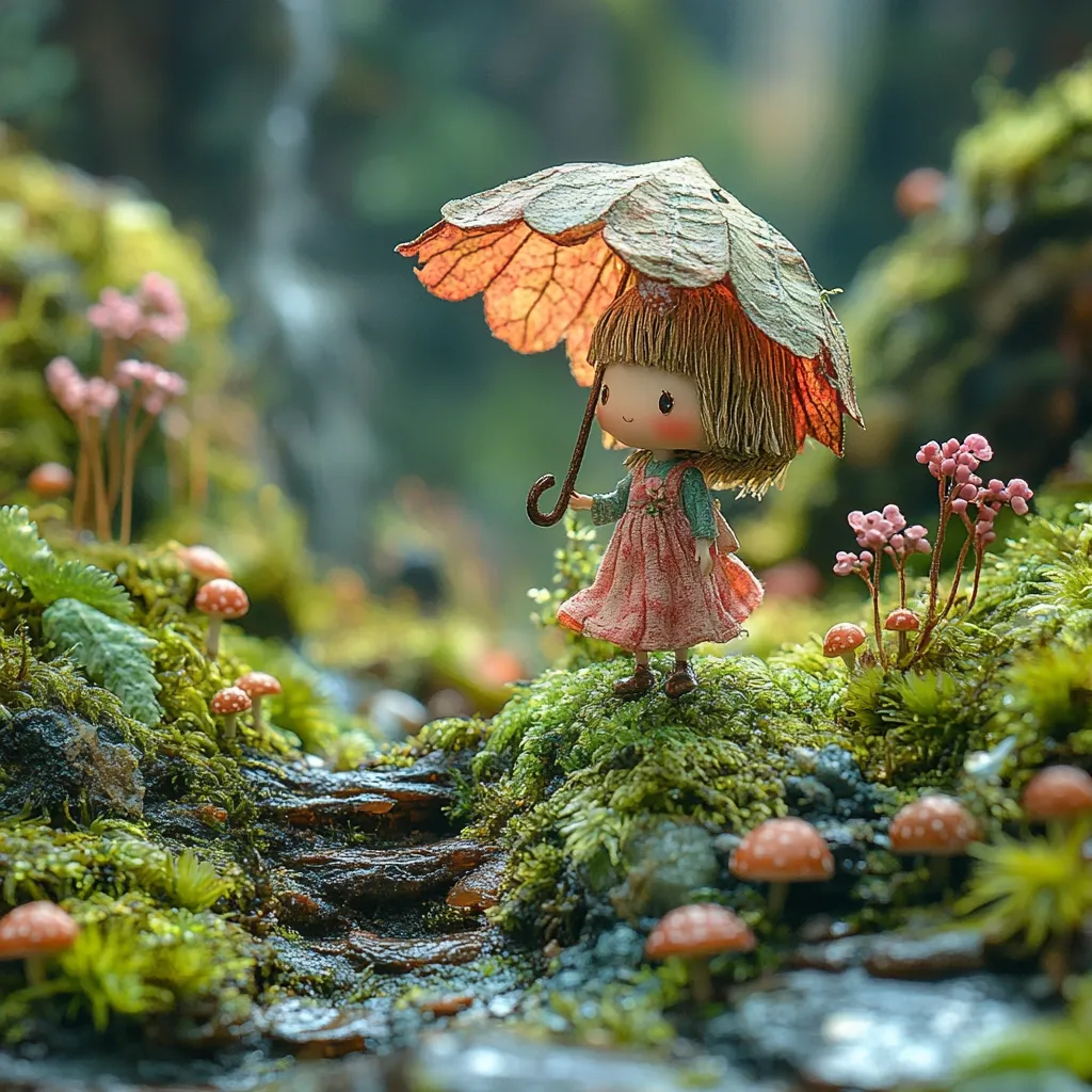 A miniature girl doll, dressed in a pink dress, stands on a mossy path. She holds a leaf-shaped umbrella.  The scene is lush with miniature mushrooms, moss, and small pink flowers.  A tiny stream flows beside the path, creating a whimsical, enchanting miniature forest setting.  The overall mood is serene and fairytale-like.