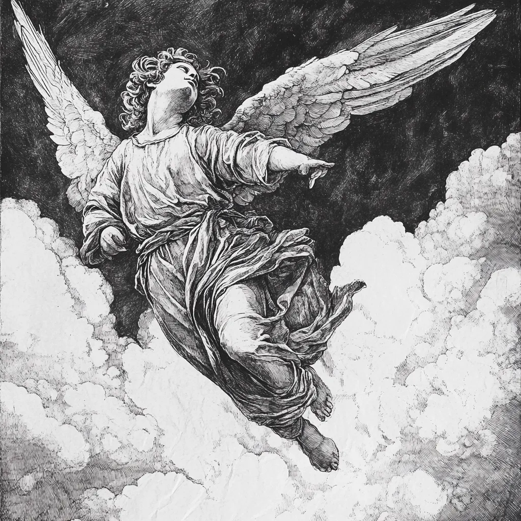 A detailed black and white engraving depicts an angel in mid-flight.  The angel, with flowing robes and large wings, is rendered with meticulous linework, showcasing intricate detail in the clothing and feathers. The angel's face is serene, gazing upward,  as it soars through a textured cloud scape suggesting movement and ethereal beauty. The overall style evokes a classic, almost religious, artistic feel.