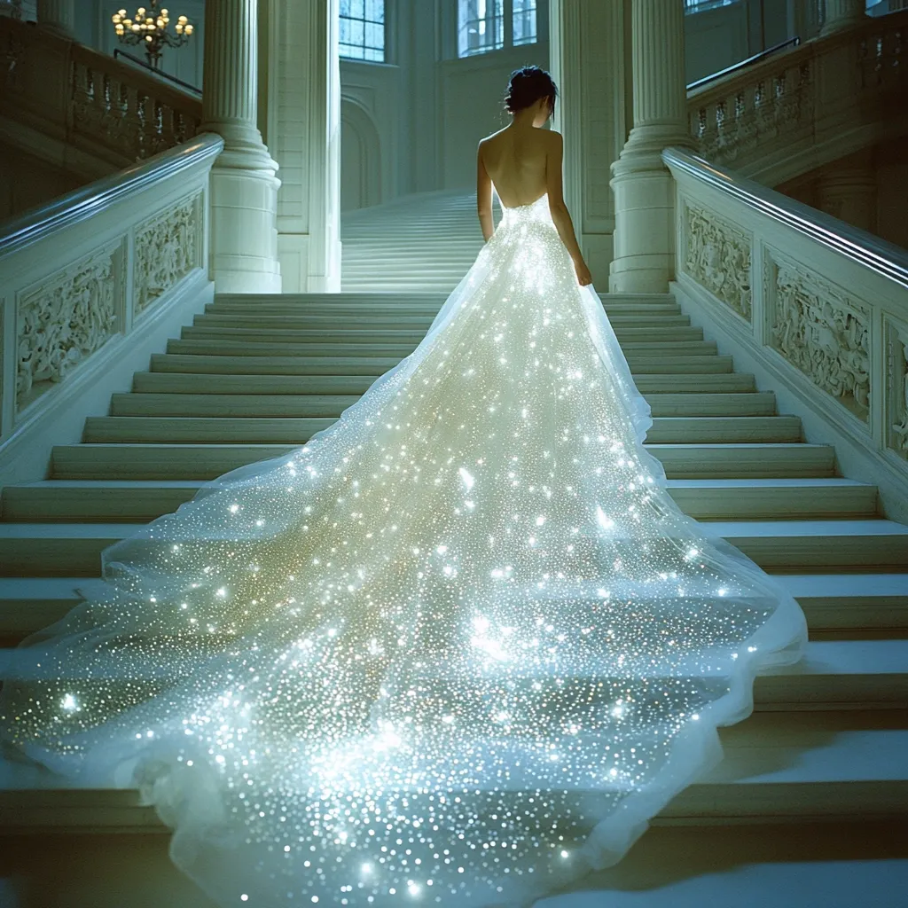 A breathtaking bride descends a grand staircase in a luminous wedding gown.  The gown's long train shimmers with embedded lights, creating a celestial effect.  The elegant, opulent setting enhances the magical quality of the scene, evoking a sense of fairytale romance. The bride's back is visible, showcasing the intricate design of the dress.