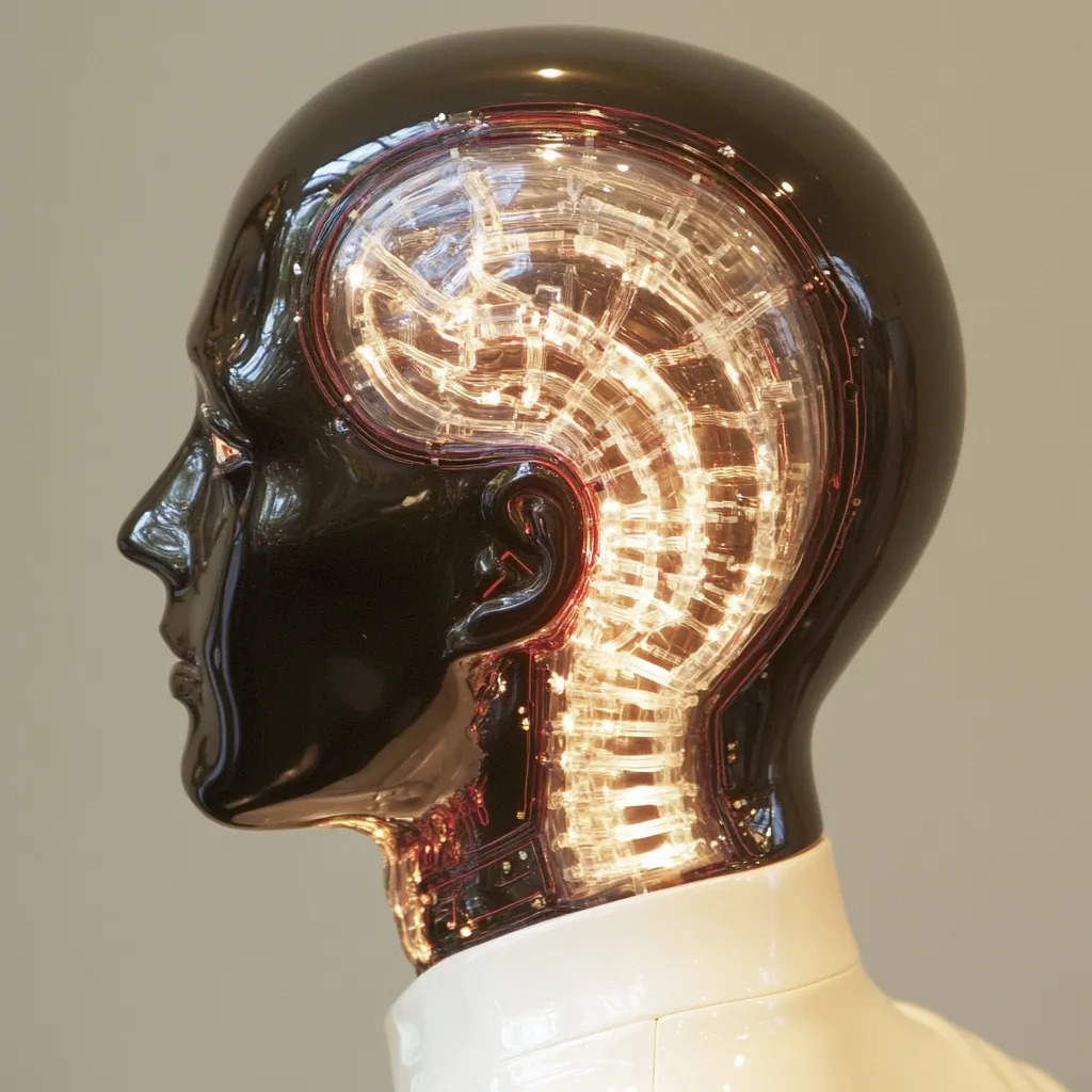 A profile view of a glossy black mannequin head, its interior illuminated to reveal a network of glowing circuitry mimicking a brain and spinal cord. The design is intricate and suggests a futuristic or technological interpretation of the human anatomy.  The mannequin wears a simple white collared shirt. The overall effect is both artistic and thought-provoking.