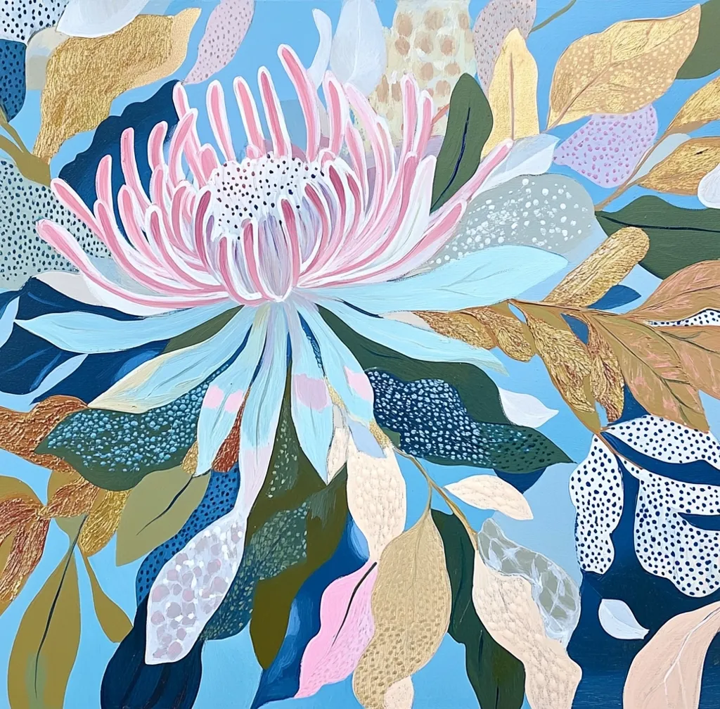 A vibrant floral painting features a prominent protea flower in soft pinks and blues, surrounded by stylized leaves in various shades of green, gold, and grey.  The background is a light, sky blue.  The artwork employs a textured style with visible brushstrokes and dotted patterns on the leaves, creating a sense of depth and movement. The overall aesthetic is modern and organic.