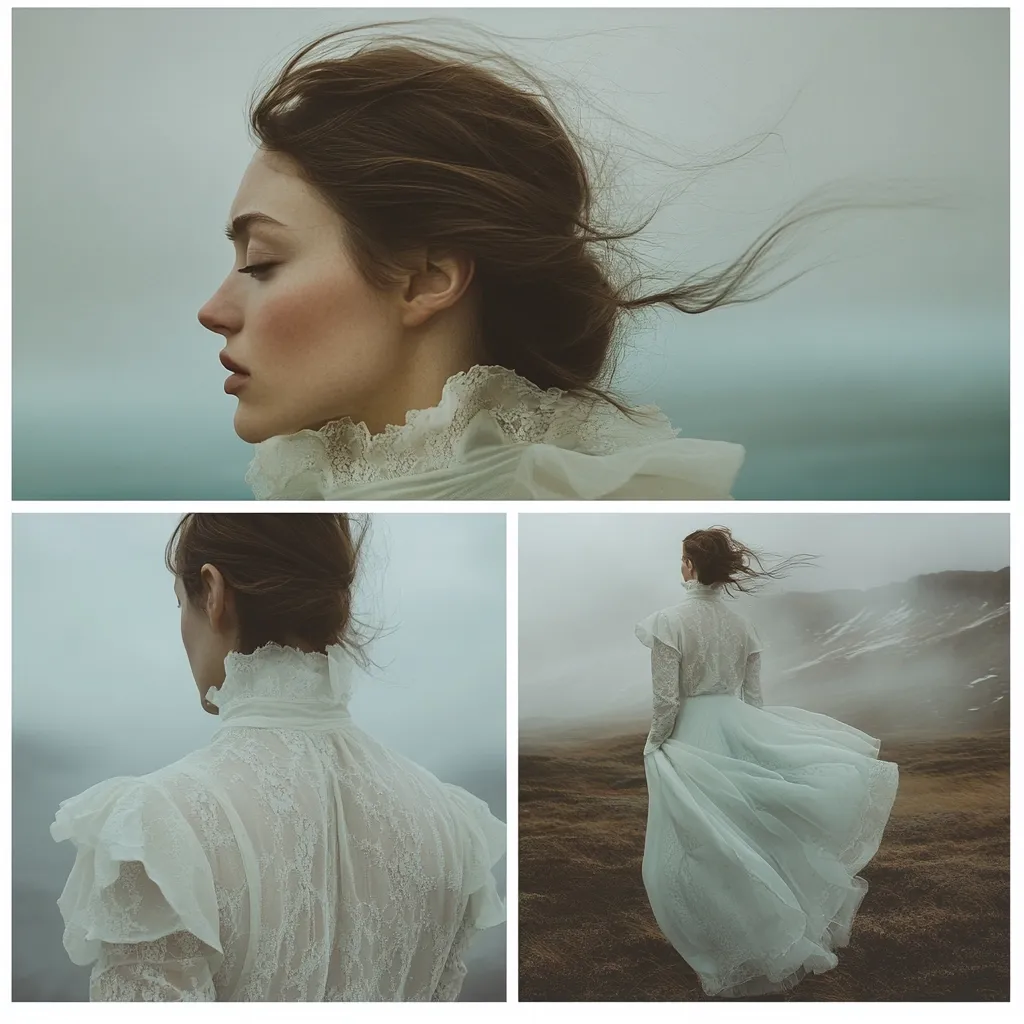A collage showcases a woman in a flowing, lace-collared dress. The first image is a close-up profile, highlighting her delicate features and windblown hair.  The second shows the back of the dress, emphasizing its intricate detail.  The final image depicts her standing on a misty landscape, the dress billowing in the wind, creating a dreamy, ethereal atmosphere.  The overall mood is romantic and wistful.