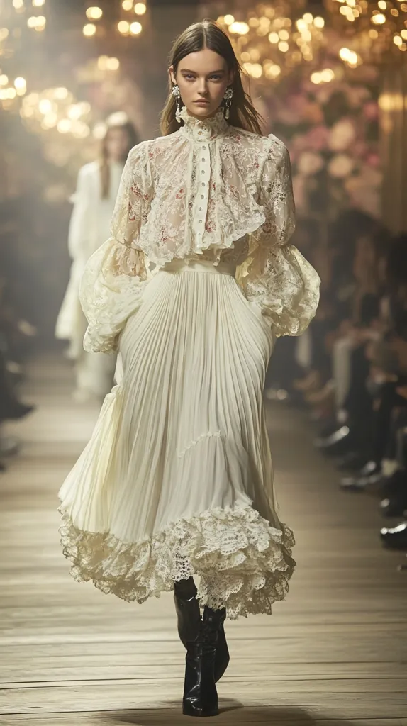 A model walks a runway in a cream-colored ensemble.  The outfit features a high-necked, lace-detailed blouse with voluminous sleeves and a pleated midi skirt adorned with a lace hem.  The skirt's pleats create a flowing silhouette.  She wears dark ankle boots and delicate earrings, completing a romantic, vintage-inspired look. The background is blurred, suggesting a fashion show setting.