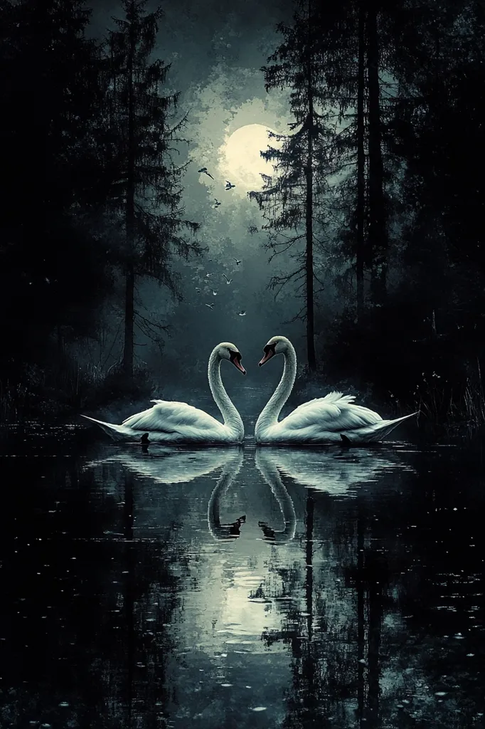 Two graceful white swans form a heart shape on a moonlit lake, their reflections mirroring the serene scene.  Dark, silhouetted trees surround the tranquil water, creating a mysterious and romantic atmosphere under a large, pale moon. Small birds fly overhead, adding to the enchanting nocturnal setting. The overall mood is one of peaceful solitude and romantic beauty.