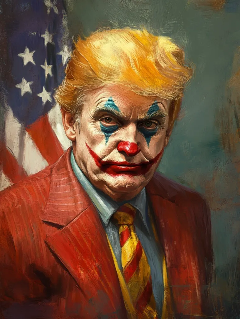 A portrait in the style of a painted artwork depicts Donald Trump with clown makeup. His signature blonde hair is prominent. He wears a red pinstripe suit and a yellow and red striped tie.  An American flag is partially visible in the background, adding a political context to the image. The overall impression is one of satire and commentary.