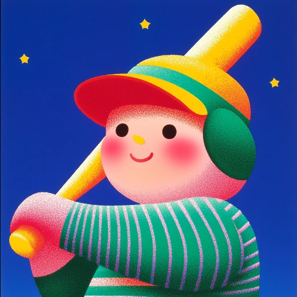 A stylized illustration of a cheerful, round-faced child, resembling a snowman, wearing a baseball cap and jersey.  The child holds a large yellow baseball bat, poised for action against a vibrant blue night sky dotted with stars. The image is bold and graphic, utilizing primary colors and a textured style.  The overall impression is one of playful energy and childlike charm.