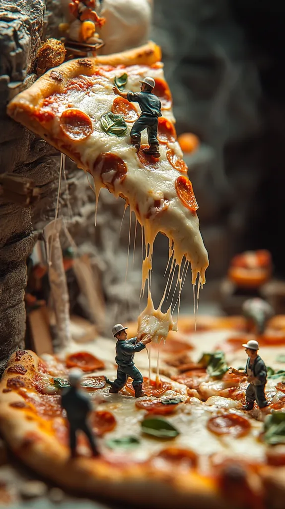 Miniature workers carefully maneuver a large, cheesy pepperoni pizza slice.  The molten cheese stretches dramatically as they work. Other miniature figures are visible working on a second pizza, creating a whimsical, large-scale depiction of pizza production. The scene is set against a rough, textured background, enhancing the contrast and scale of the image.