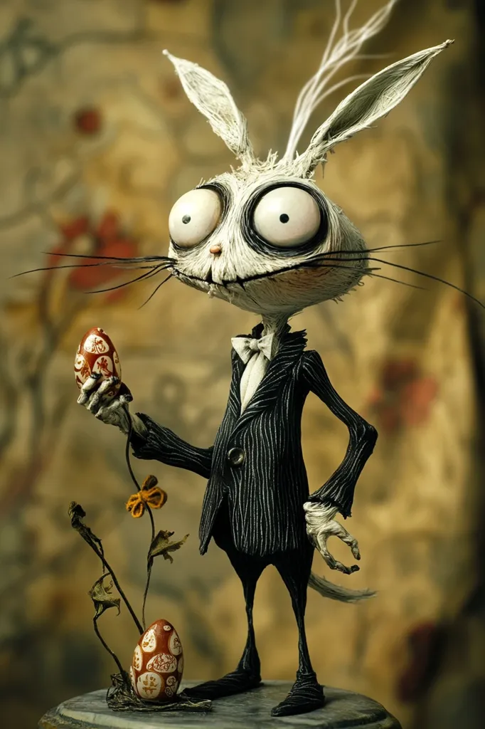 A whimsical, stop-motion-style rabbit, dressed in a pinstripe suit and bow tie, holds a decorated Easter egg.  Its large, expressive eyes and gaunt features give it a slightly unsettling yet charming appearance.  Another decorated egg rests on a small plant at its feet, adding to the artistic and slightly macabre Easter scene. The rabbit is meticulously detailed, suggesting handcrafted artistry.