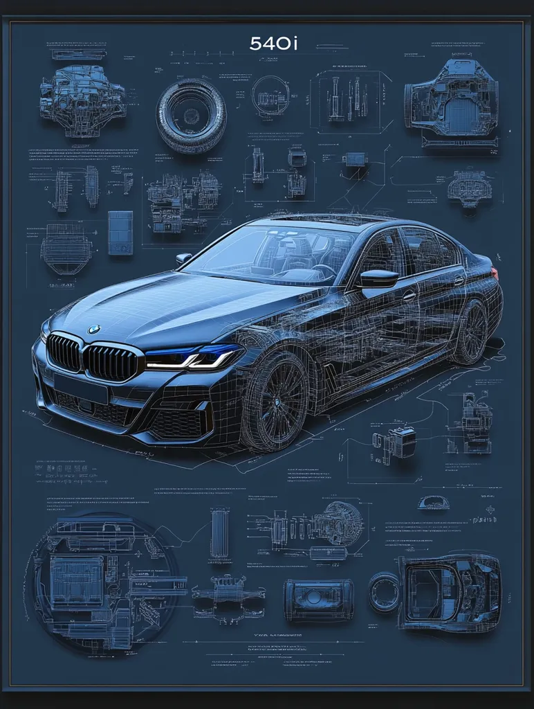 A detailed blueprint-style illustration showcases a BMW 540i sedan.  The car is rendered in wireframe, overlaid on a dark blue background filled with exploded diagrams of its various components.  These diagrams include the engine, transmission, suspension, and other internal systems.  The overall aesthetic suggests a technical drawing, highlighting the car's design and engineering.