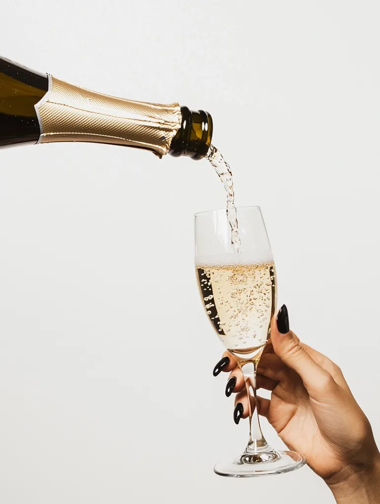 A hand with dark nail polish holds a champagne flute as sparkling wine is poured from a bottle.  The bottle is gold and dark green, and the champagne is a pale, golden yellow. The background is a simple, off-white, providing a clean and elegant setting for the celebratory scene. The image evokes feelings of sophistication and festivity.