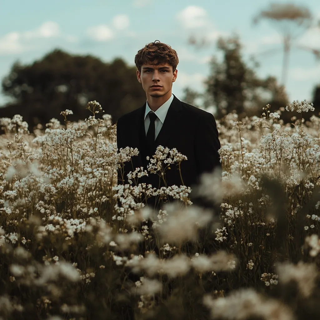 A young man in a black suit and tie stands amidst a field of delicate white wildflowers.  His dark hair is styled neatly, and his expression is serious. The contrast between his formal attire and the natural setting creates a striking image. The soft focus on the flowers emphasizes the man as the focal point.  The overall mood is one of quiet contemplation and subtle elegance.