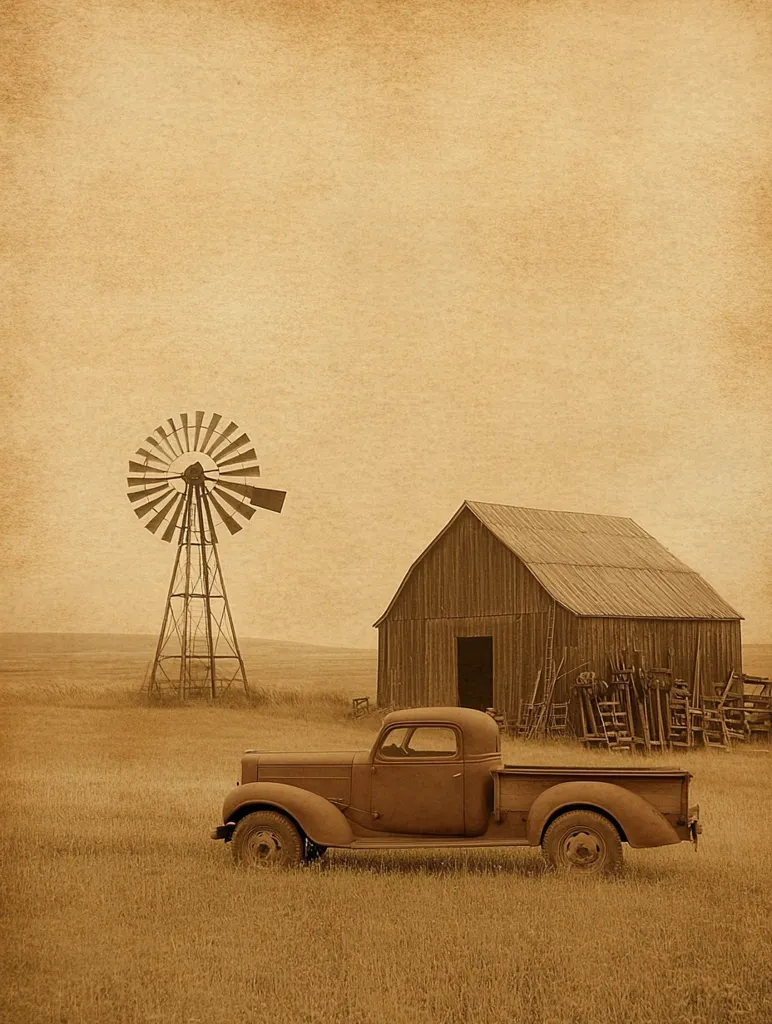A sepia-toned image depicts a rustic farm scene.  A vintage pickup truck sits in a field of tall grass, near a weathered barn overflowing with farm tools.  A tall windmill stands sentinel in the background, under a pale sky. The overall feel is one of nostalgic rural simplicity.