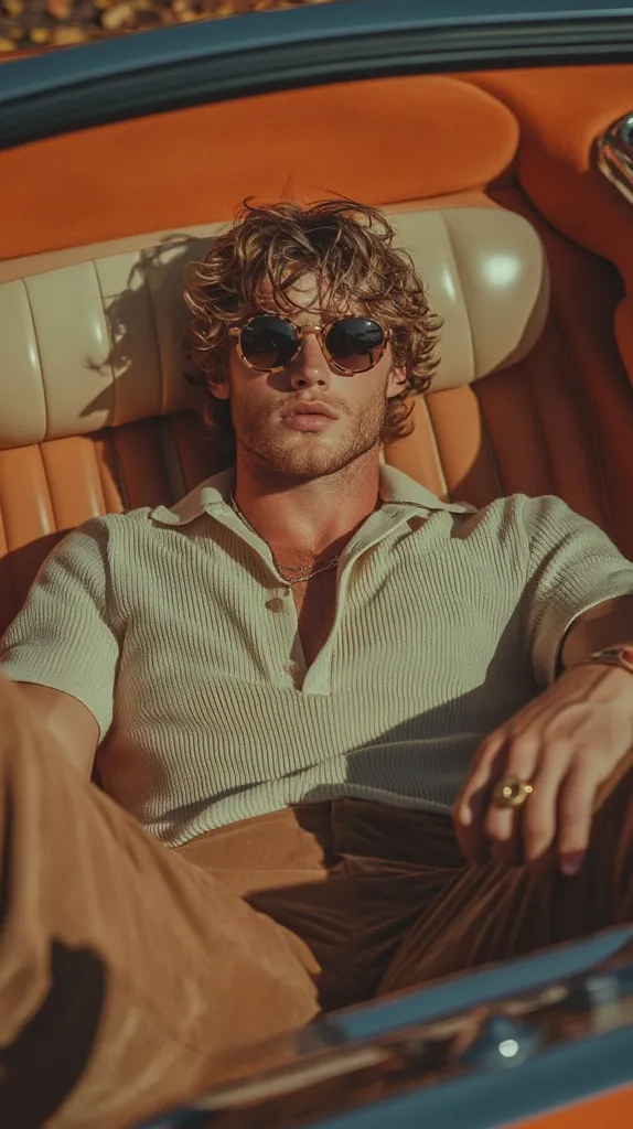 A young man with curly brown hair and round sunglasses reclines in a vintage orange car. He wears a light green ribbed knit polo shirt and brown corduroy pants.  The warm sunlight casts shadows inside the vehicle, highlighting the retro aesthetic.  He appears relaxed and stylish, embodying a carefree mood.
