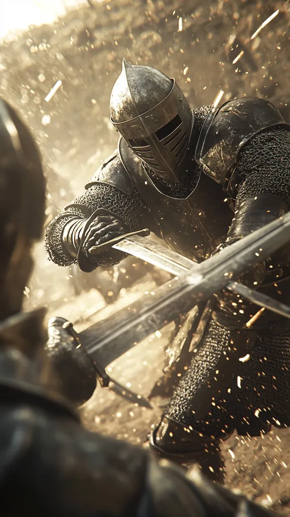 A knight in full plate armor, helmet concealing his face, fiercely clashes swords with an unseen opponent amidst a chaotic battlefield.  Sparks fly as the steel weapons collide, the intensity of the battle captured in the dust and debris surrounding the combatants.  The image focuses on the knight's powerful grip on his sword, highlighting the brutality and determination of medieval warfare.