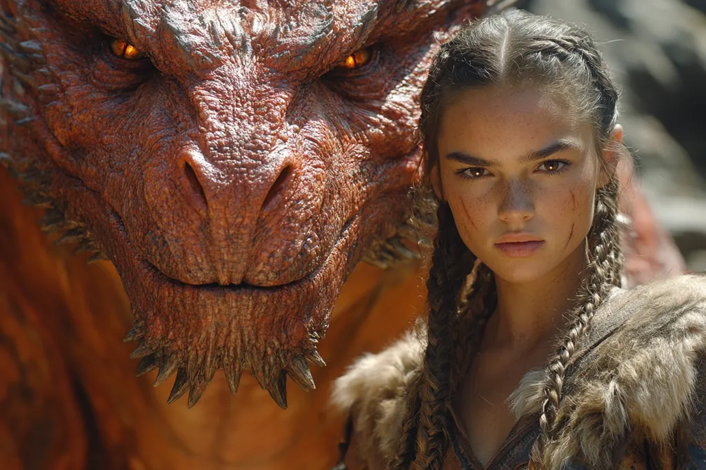 Close-up view of a young woman with braided hair and a fierce expression, standing beside a large, detailed red dragon.  The dragon's head fills much of the frame, its scales and eyes sharply rendered. The woman's attire suggests a fantasy or medieval setting.  The image evokes a sense of power and connection between the human and the mythical creature.