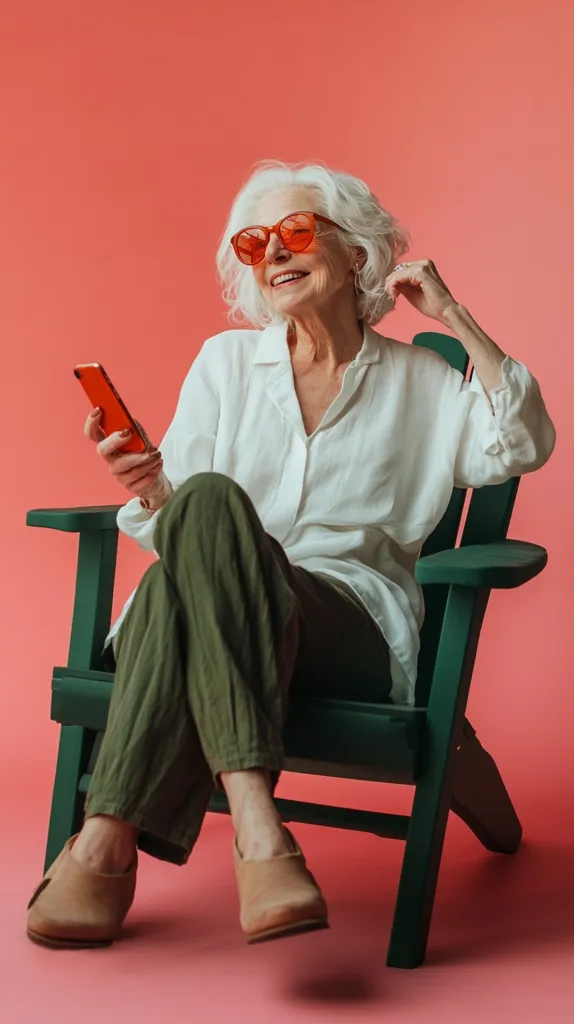 A stylish senior woman with short, white hair and bright orange sunglasses sits in a green Adirondack chair against a coral background.  She holds a red smartphone and smiles contentedly.  She's dressed in a white linen shirt and olive green trousers, and wears comfortable, beige shoes. The overall mood is one of relaxed contentment and modern style.