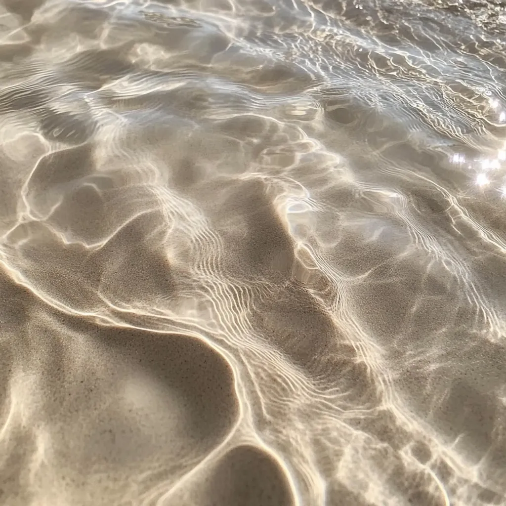 Shallow, clear water flows gently over a sandy seabed.  Sunlight filters through the surface, creating rippling patterns of light and shadow on the sand below. The overall tone is calm and serene, with muted beige and light brown hues dominating the image.  The water appears translucent, revealing the texture of the sand beneath.